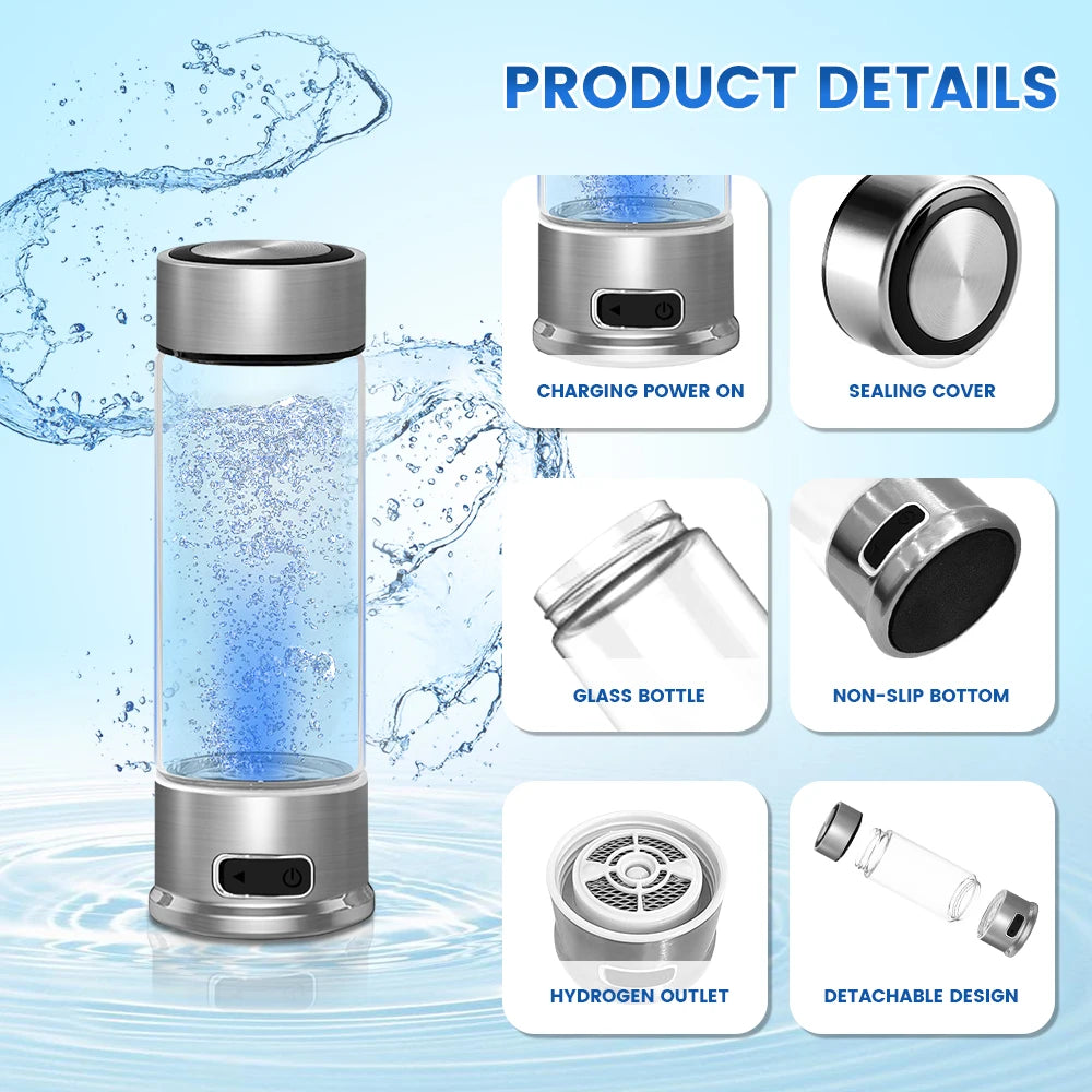 Hydrogen Water Bottle, Hydrogen Water Bottle Generator, 1500 PPB Smart Electrolysis H2 Water Ionizer with SPE/PEM Technology