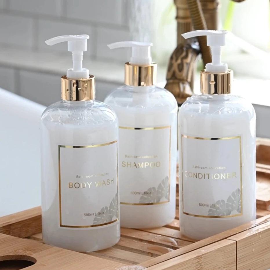 Refillable 3pcs500ml Bathroom Dispensers Shampoo and Conditioner Press Type Bottles Short Eye Catching Bathroom Accessories