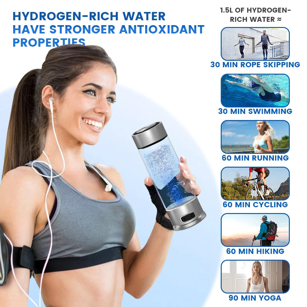 Hydrogen Water Bottle, Hydrogen Water Bottle Generator, 1500 PPB Smart Electrolysis H2 Water Ionizer with SPE/PEM Technology