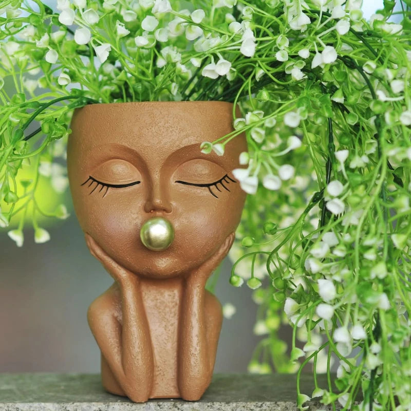 Blow Bubbles Girly Face Resin Flower Pot